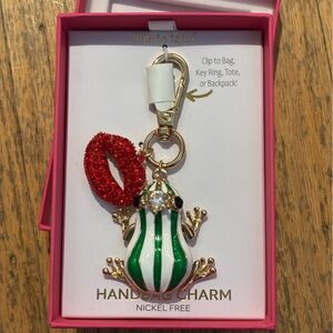 NIB True to Form Green and White striped Frog with crown bag Charm Keychain